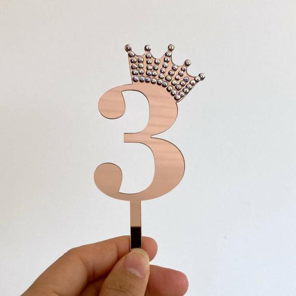 Acrylic Rose Gold Age 3 Rhinestone Crown Cupcake Topper  |   Birthday