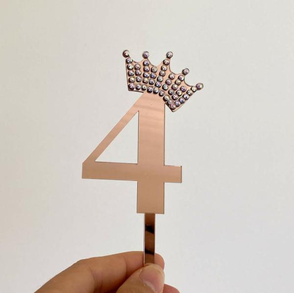 Acrylic Rose Gold Age 4 Rhinestone Crown Cake Topper  |   Birthday