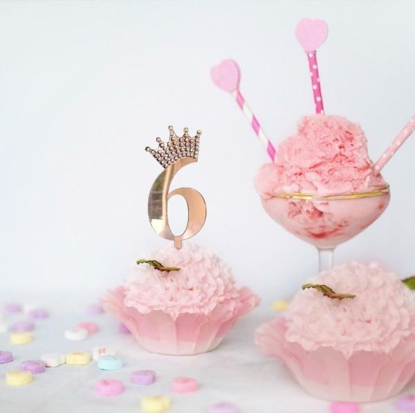 Acrylic Rose Gold Age 6 Rhinestone Crown Cupcake Topper  |   Numbers