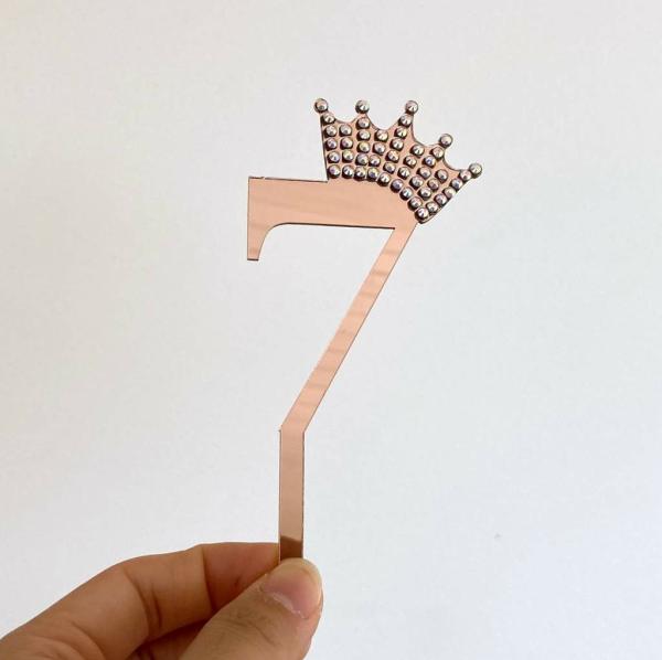 Acrylic Rose Gold Age 7 Rhinestone Crown Cupcake Topper  |   Age