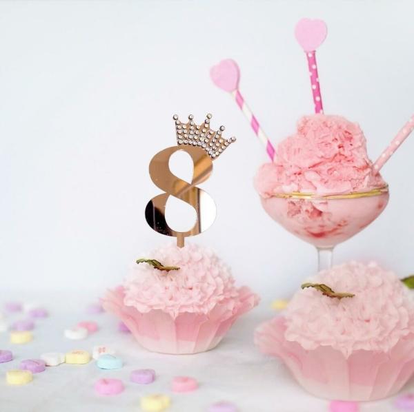 Acrylic Rose Gold Age 8 Rhinestone Crown Cupcake Topper  |   Numbers