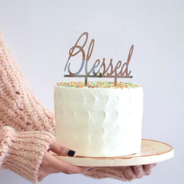 Acrylic Rose Gold ‘Blessed’ Baptism Cake Topper  |   Christening