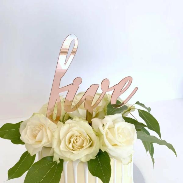 Acrylic Rose Gold ‘Five’ Script Birthday Cake Topper  |   Age