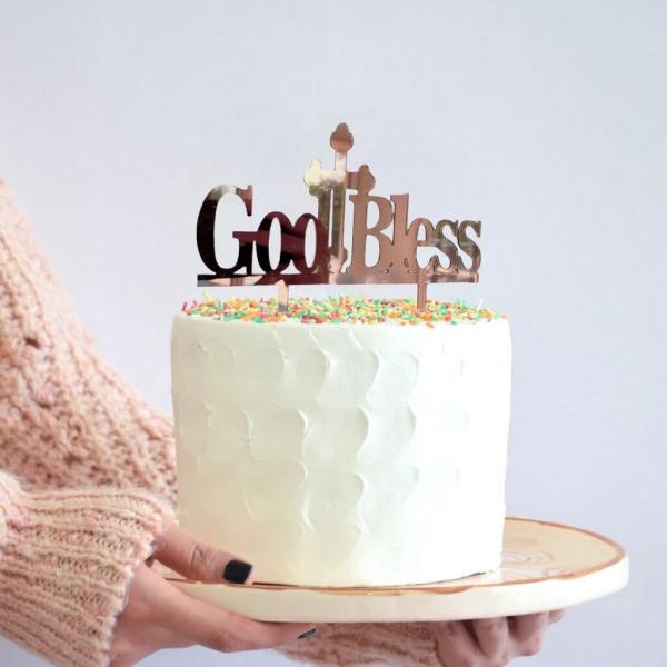 Acrylic Rose Gold ‘God Blessed’ Cross Cake Topper  |   Christening