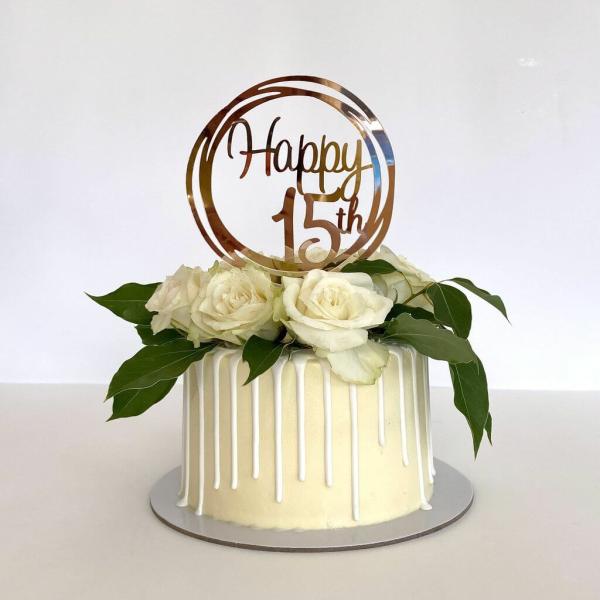 Acrylic Rose Gold ‘Happy 15Th’ Birthday Cake Topper  |   Geometric Birthday