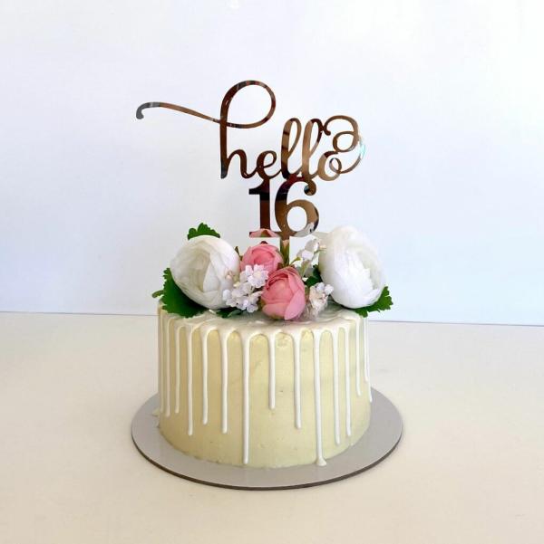 Acrylic Rose Gold ‘Hello 16’ Birthday Cake Topper  |   Age