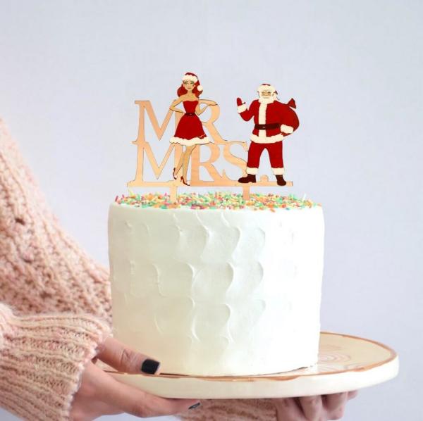 Acrylic Rose Gold ‘Mr And Mrs’ Santa Cake Topper  |   Wedding