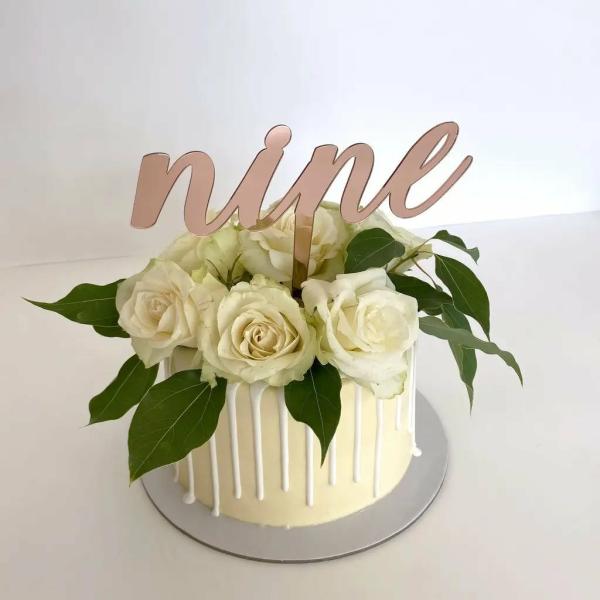 Acrylic Rose Gold ‘nine’ Birthday Cake Topper  |   Age