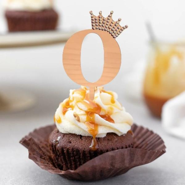 Acrylic Rose Gold Number 0 Rhinestone Crown Cupcake Topper  |   Age