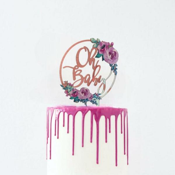 Acrylic Rose Gold ‘Oh Baby’ Floral Loop Cake Topper  |   Baby Shower