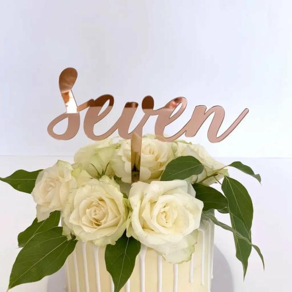 Acrylic Rose Gold ‘seven’ Birthday Cake Topper  |   Birthday