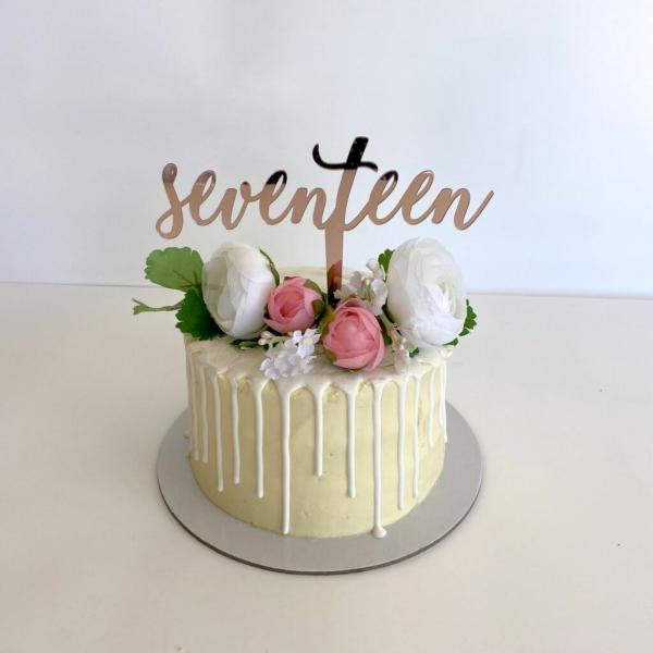 Acrylic Rose Gold "Seventeen" Birthday Cake Topper  |   Script Numbers