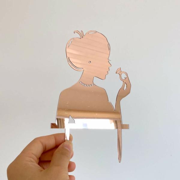 Acrylic Rose Gold Silhouette Bride Holding A Ring Cake Topper  |   Bride To Be