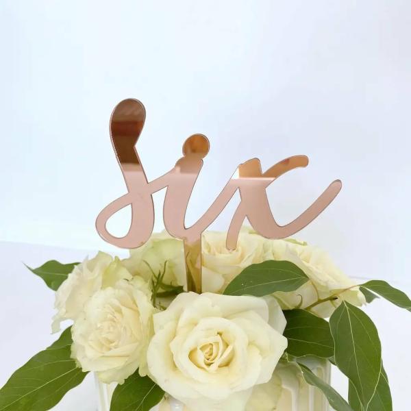 Acrylic Rose Gold ‘six’ Birthday Cake Topper  |   Age