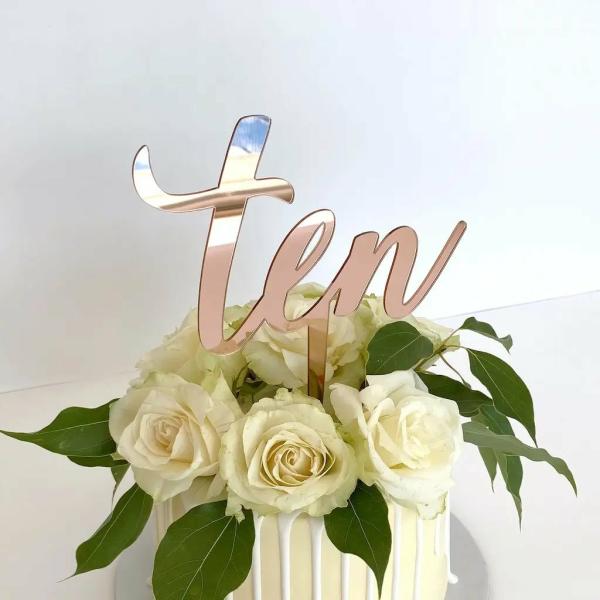 Acrylic Rose Gold ‘Ten’ 10 Birthday Cake Topper  |   Age