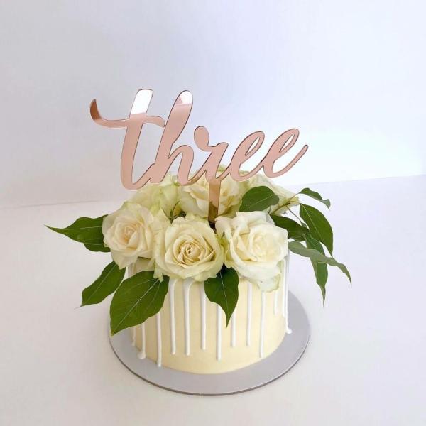 Acrylic Rose Gold ‘Three’ 3Rd Birthday Cake Topper  |   Script Numbers