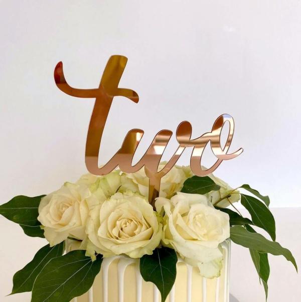 Acrylic Rose Gold ‘Two’ Birthday Cake Topper  |   Script Numbers