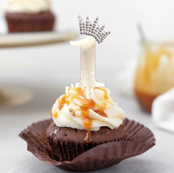 Acrylic Silver Age 1 Rhinestone Crown Cupcake Topper  |   Birthday