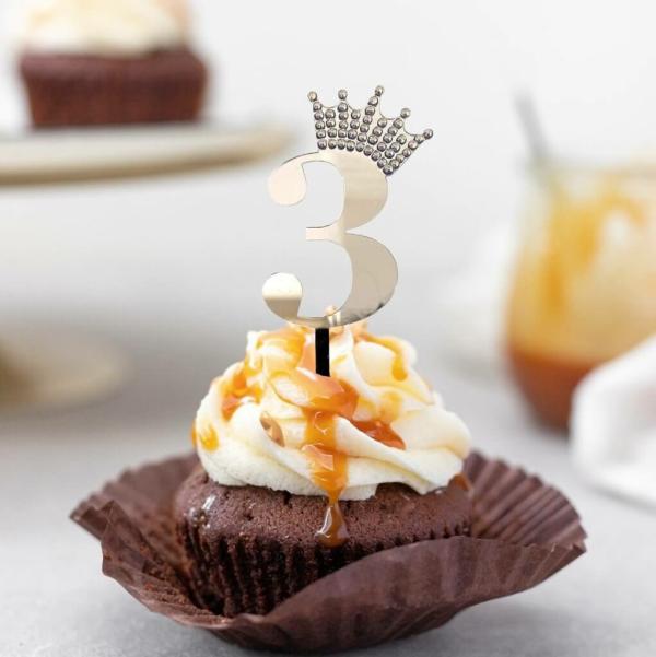 Acrylic Silver Age 3 Rhinestone Crown Cupcake Topper  |   Birthday