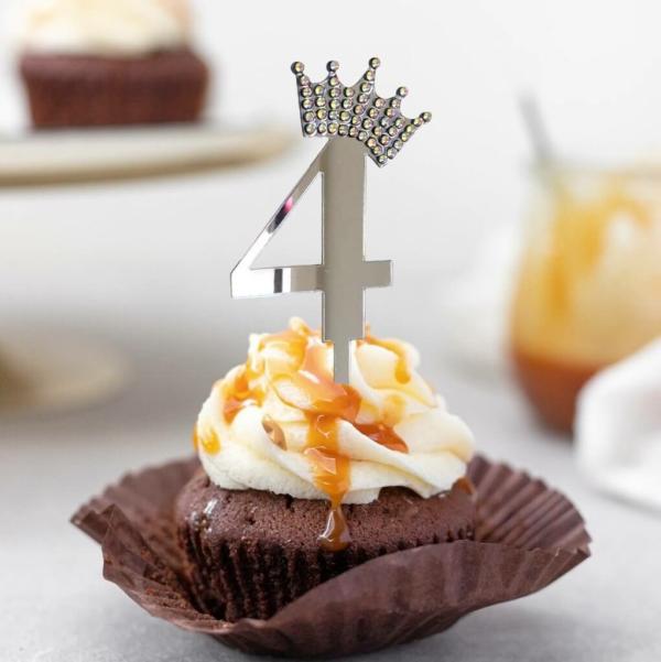 Acrylic Silver Age 4 Rhinestone Crown Cupcake Topper  |   Age