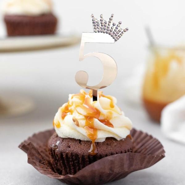 Acrylic Silver Age 5 Rhinestone Crown Cupcake Topper  |   Birthday