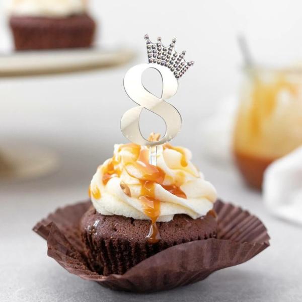 Acrylic Silver Age 8 Rhinestone Crown Cupcake Topper  |   Age