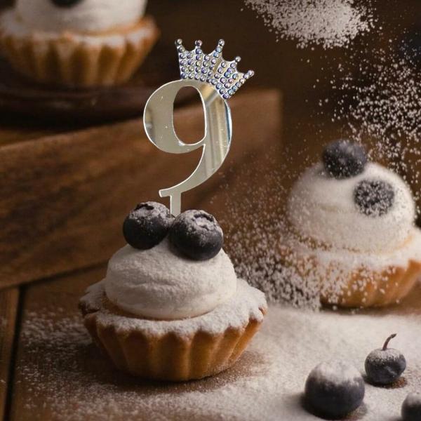 Acrylic Silver Age 9 Rhinestone Crown Cupcake Topper  |   Birthday