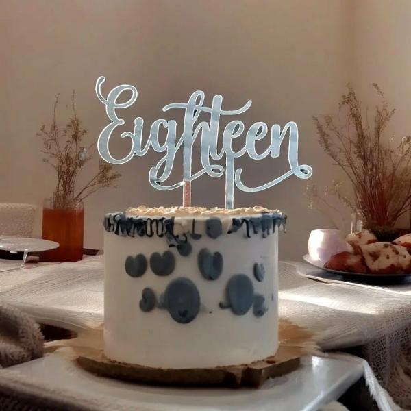 Acrylic Silver ‘Eighteen’ Birthday Cake Topper  |   Script Numbers