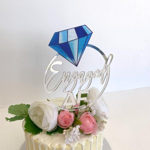 Acrylic Silver ‘Engaged Af’ With Blue Diamond Cake Topper  |   Engagement