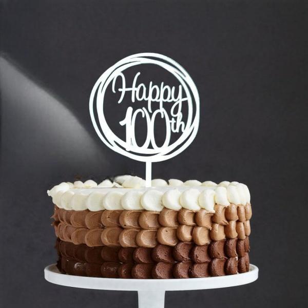 Acrylic Silver Geometric ‘Happy 100Th’ Cake Topper  |   Birthday