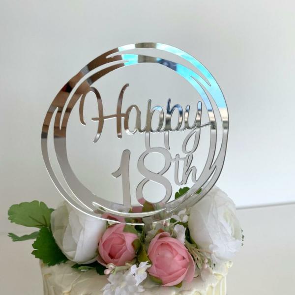 Acrylic Silver Geometric ‘Happy 18Th’ Cake Topper  |   Birthday