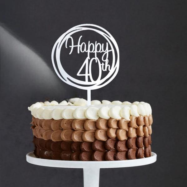 Acrylic Silver Geometric ‘Happy 40Th’ Cake Topper  |   Age