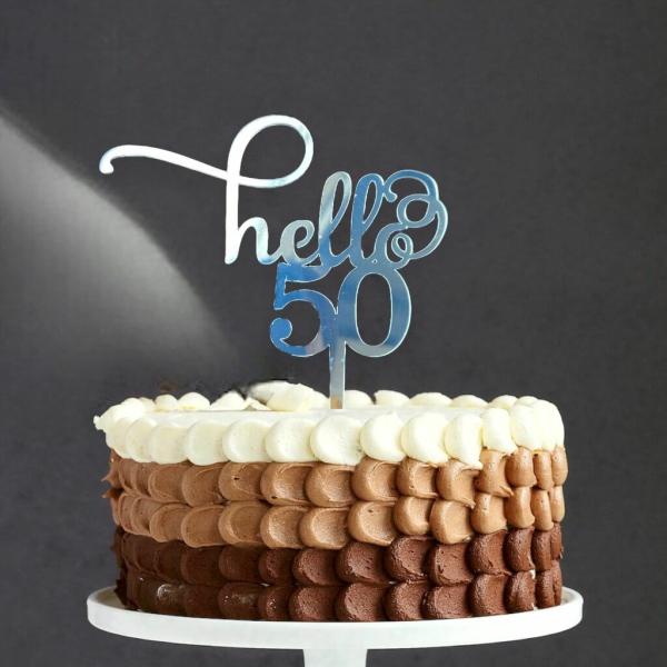 Acrylic Silver ‘Hello 50’ Birthday Cake Topper  |   Hello Birthday