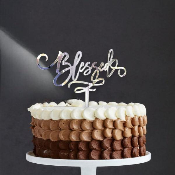 Acrylic Silver Mirror ‘Blessed’ Cake Topper  |   Christening