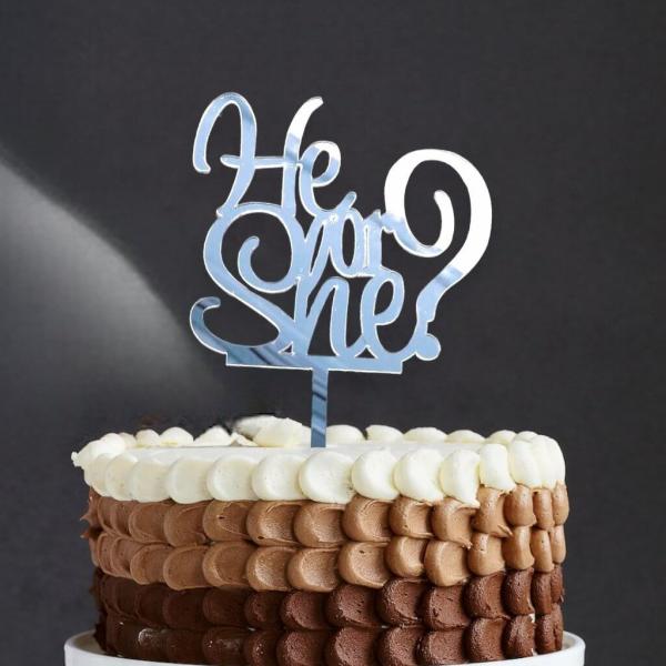 Acrylic Silver Mirror ‘He Or She?’ Cake Topper  |   Baby Shower