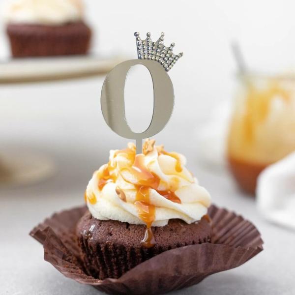 Acrylic Silver Number 0 Rhinestone Crown Cupcake Topper  |   Birthday