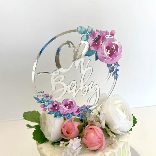 Acrylic Silver ‘Oh Baby’ Floral Wreath Cake Topper  |   Baby Shower