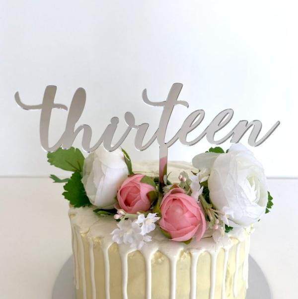 Acrylic Silver ‘Thirteen’ Birthday Cake Topper  |   Age