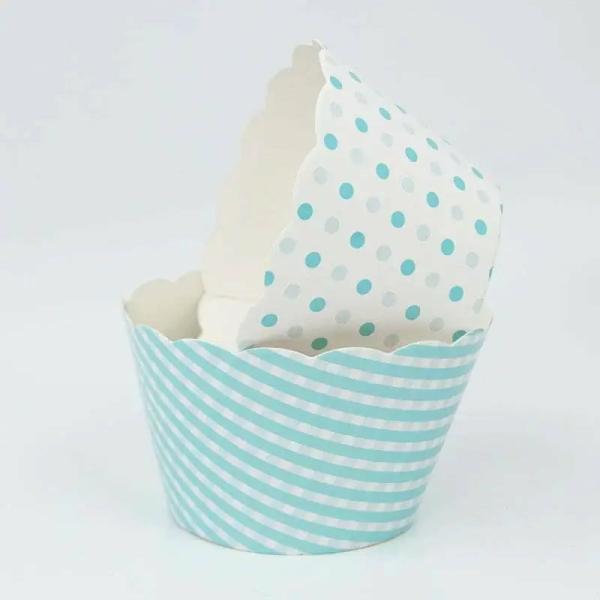 Baby Blue Checked & Polka Dot Cupcake Wraps 8Pk  |   Baking Cups