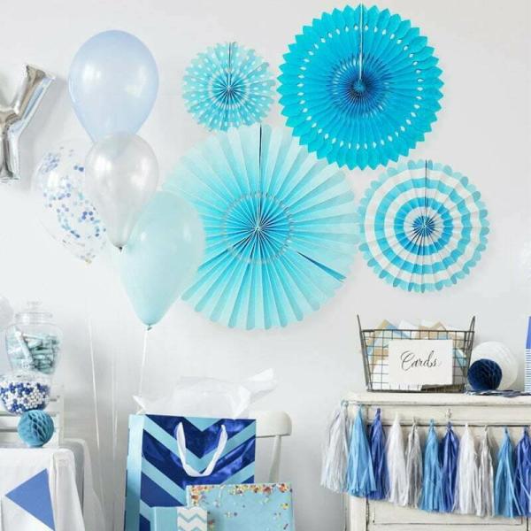 Baby Blue Hanging Decorative Paper Fans 4Pk  |   Decorative Fans