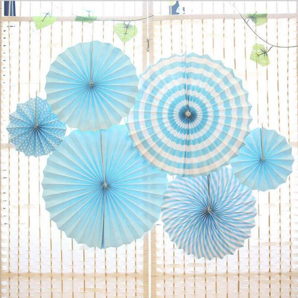 Baby Blue Hanging Paper Fan Decorations 6Pk  |   Decorative Fans