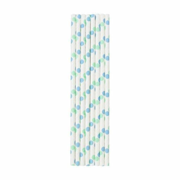 Baby Blue Polka Dots Paper Party Straws 8Pk  |   Stainless Steel Straws