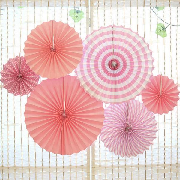 Baby Pink Hanging Paper Fan Decorations 6Pk  |   Decorative Fans