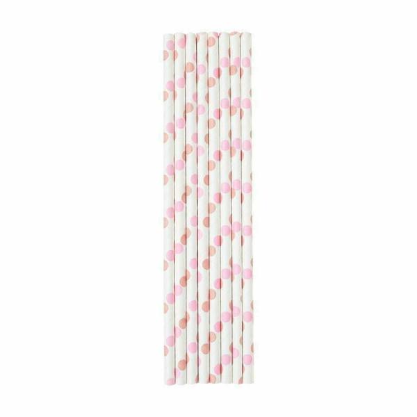 Baby Pink Polka Dots Paper Party Straws 8Pk  |   Stainless Steel Straws