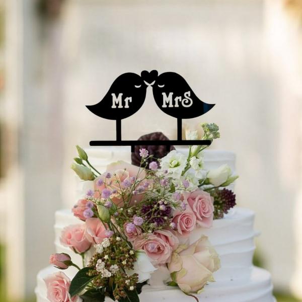 Black Acrylic ‘Mr And Mrs’ Love Bird Wedding Cake Topper  |   Wedding