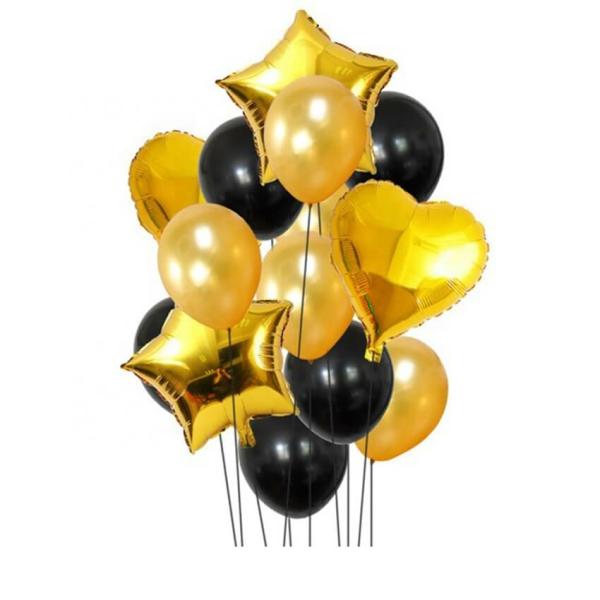 Black And Gold Star Heart Balloon Bouquet 14Pk  |   Balloon Bouquets