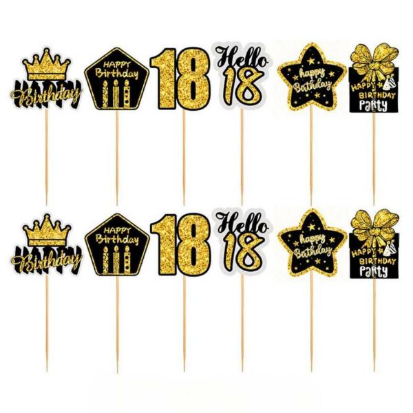 Black & Gold 18Th Birthday Cupcake Picks 12Pk  |   Cupcake Picks