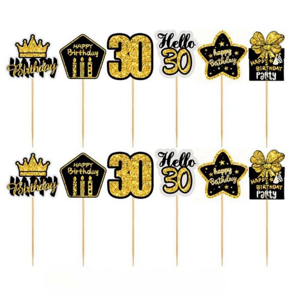 Black & Gold 30Th Birthday Cupcake Toppers 12Pk  |   Cupcake Picks