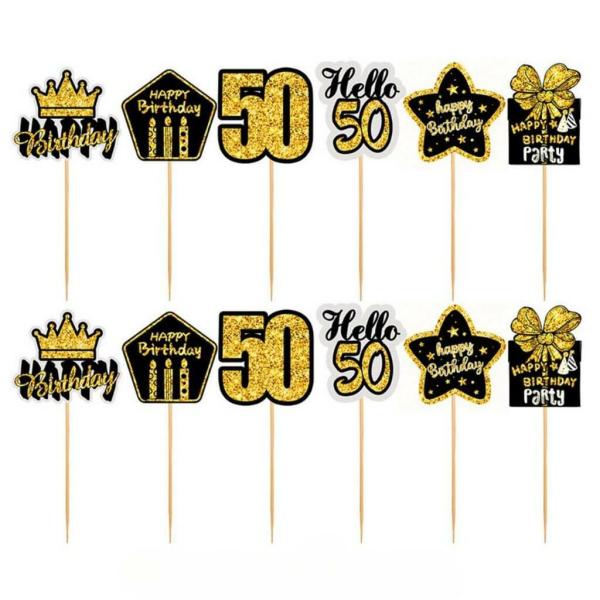 Black & Gold 50Th Birthday Cupcake Toppers 12Pk  |   Cupcake Picks