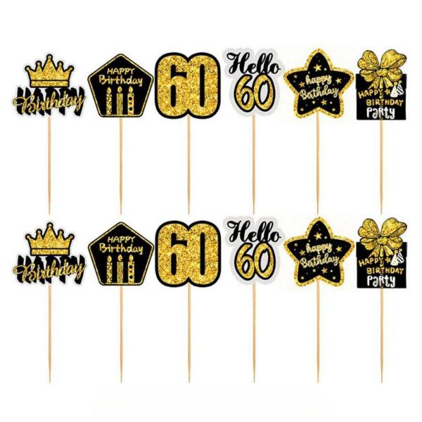 Black & Gold 60Th Birthday Cupcake Picks 12Pk  |   Cupcake Picks